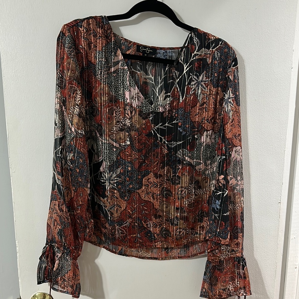 Jessica Simpson Brown and Orange Bell Sleeve Blouse